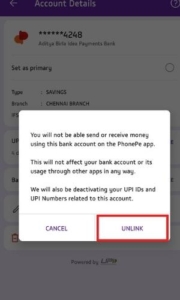 how to unlink bank account from phonepe